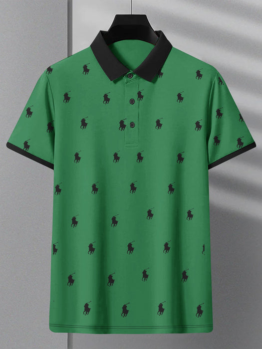 Summer Polo Shirt For Men-Green with Allover Print-BE679/BR12932