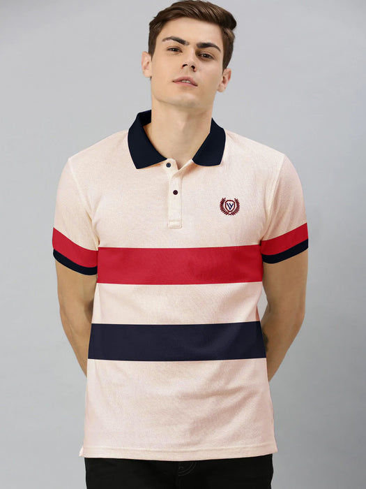 Summer Polo Shirt For Men-Light Peach With Navy & Red Striper-RT395