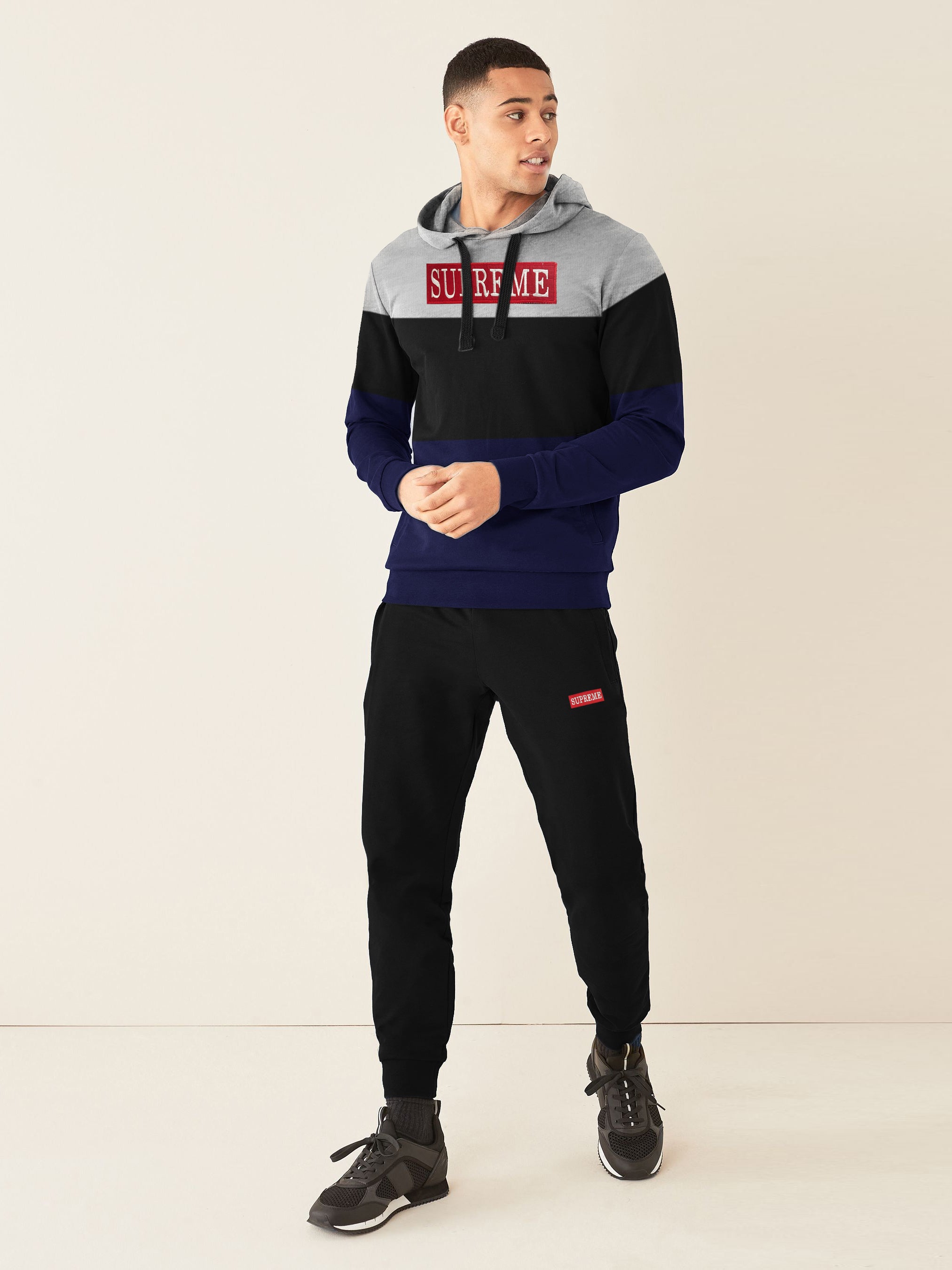 Supreme Heavy Fleece Pullover Hooded Tracksuit For Men-Black & Navy-RT ...