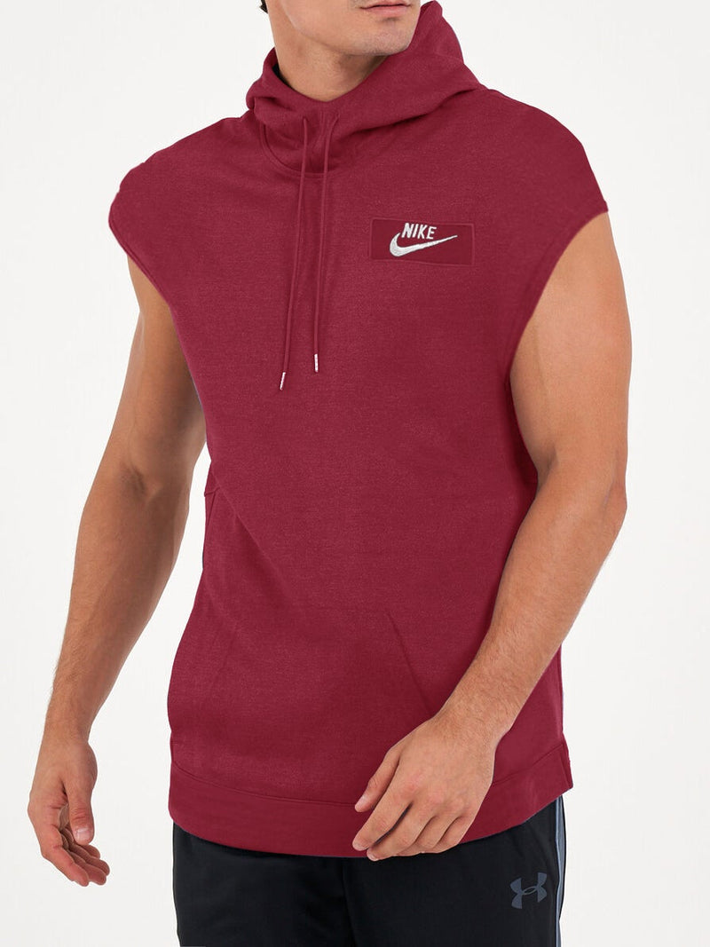 NK Fleece Cowl Neck Sleeveless Hoodie For Men-Maroon-RT2135