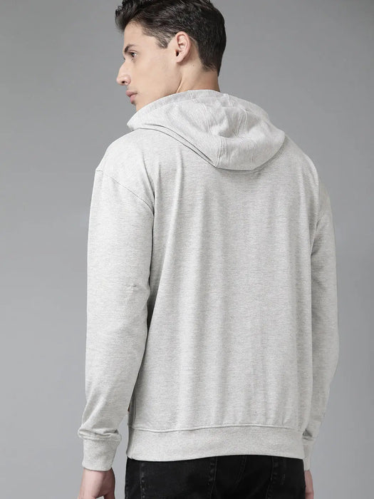 Wound UP Fleece Pullover Hoodie For Men-White Melange With Print-RT2134
