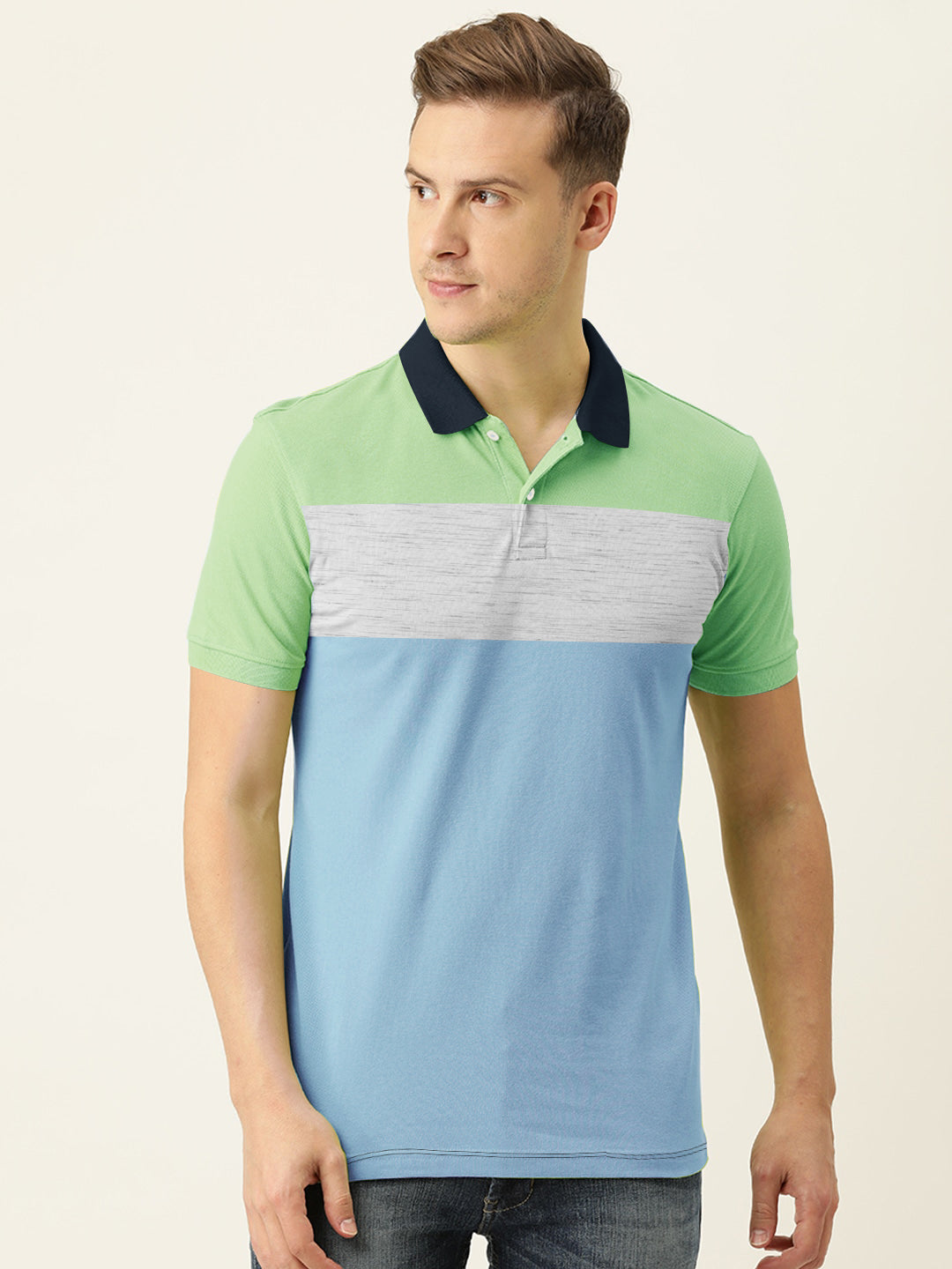 Summer Polo Shirt For Men-Blue White Grey Melange & Green Pannel-SP6503