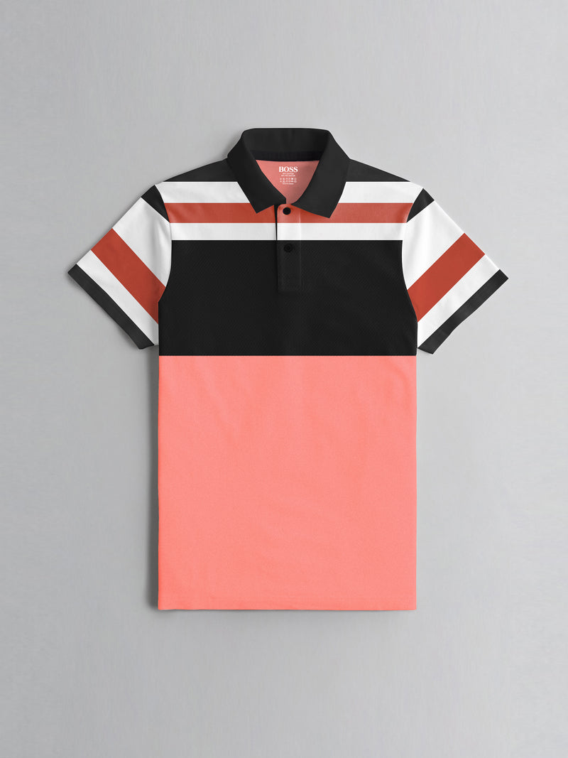 HB Summer P.Q Polo Shirt For Kids-Light Coral Melange With Dark Orange Stripes-RT275