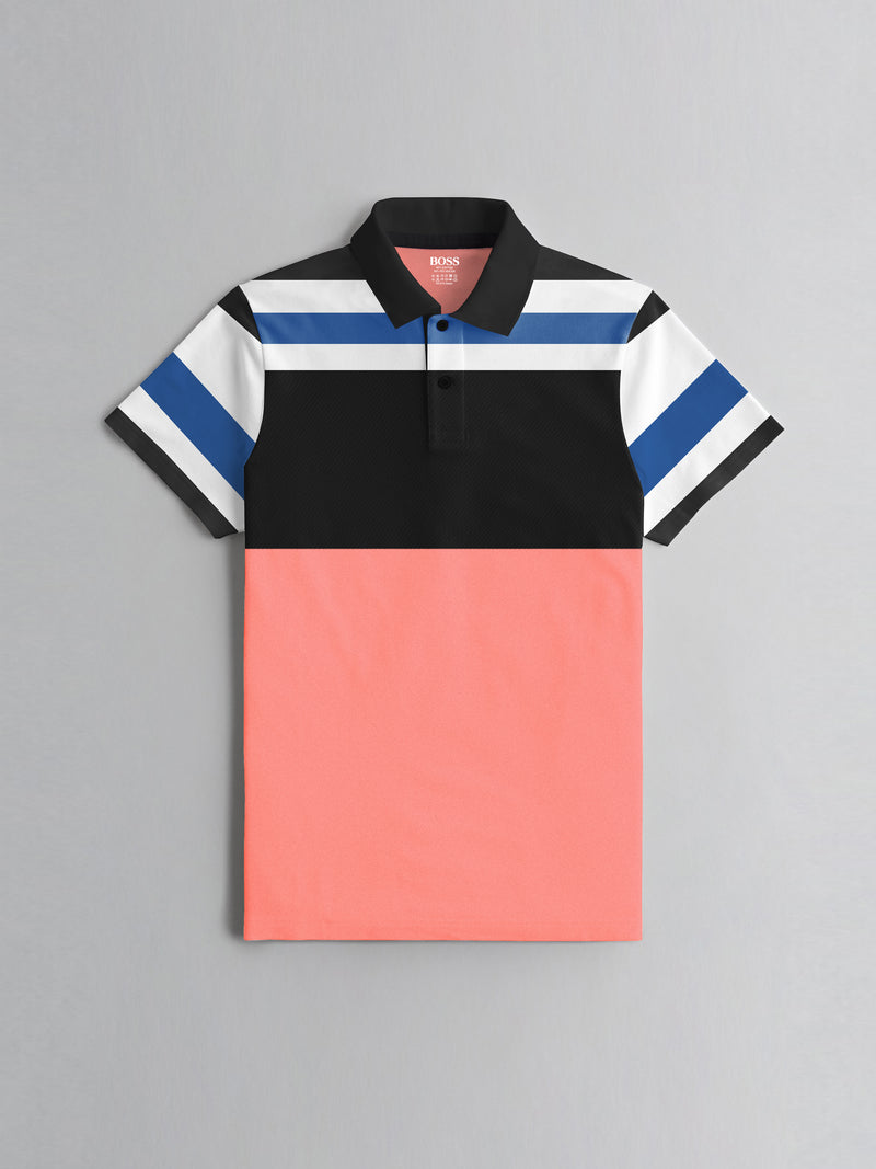 HB Summer P.Q Polo Shirt For Kids-Light Coral Melange With Blue Stripes-RT274