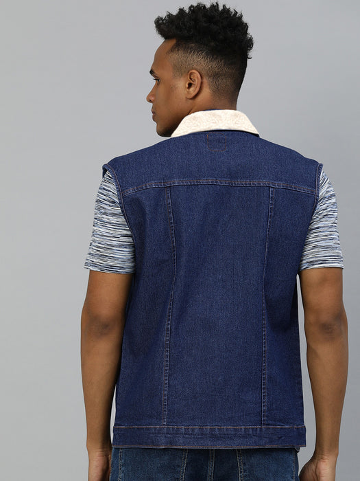 Sleeveless Plush Fur Denim Jeans Jacket For Men-Blue-BR205
