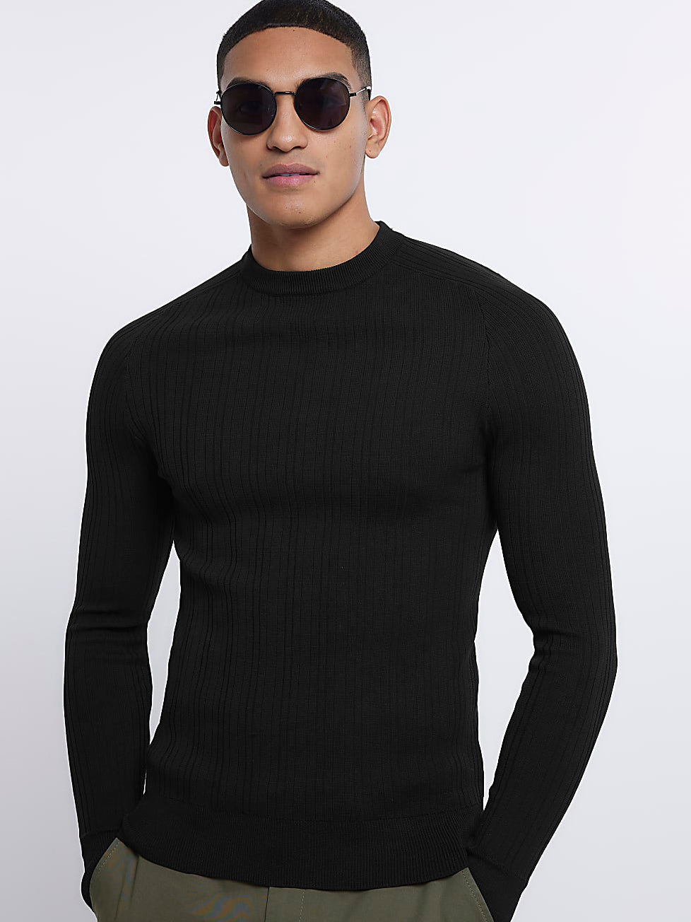River Island Crew Neck Allover Ribbed Sweatshirt For Men-Black-RT2268