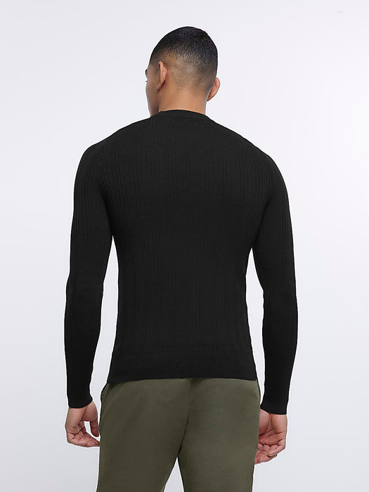River Island Crew Neck Allover Ribbed Sweatshirt For Men-Black-RT2268