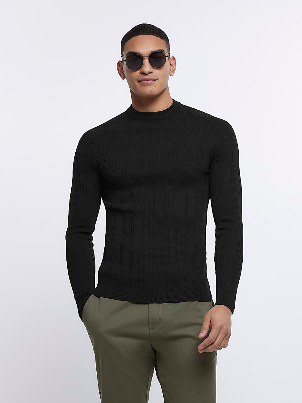 River Island Crew Neck Allover Ribbed Sweatshirt For Men-Black-RT2268