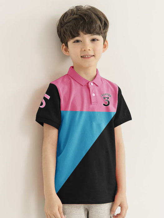 Champion Single Jersey Polo Shirt For Kids-Magenta with Cyan & Black-RT2405