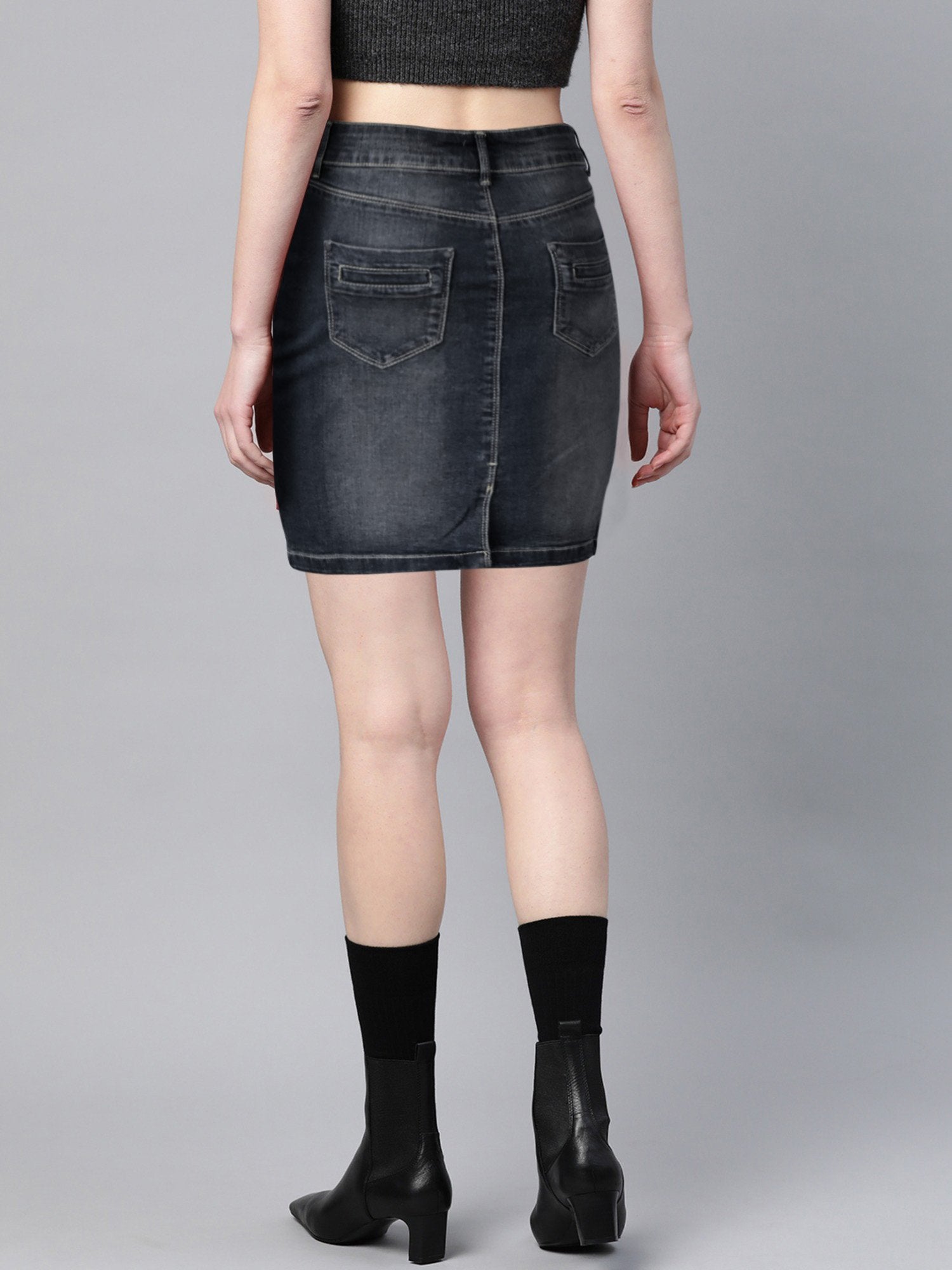 Canaieu Jeans Mid Rise Skirt For Girls-Mid Navy Faded-F191