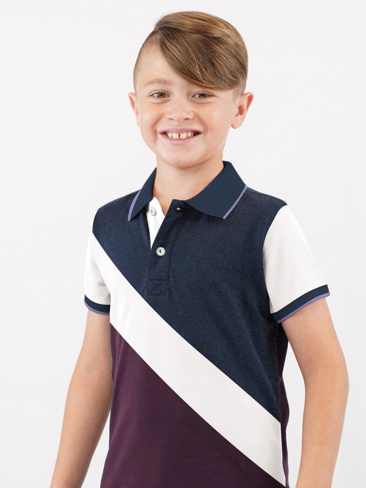 Champion Single Jersey Polo Shirt For Kids-Maroon with Off White & Navy Melange Panels-BE14641