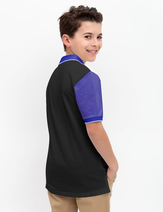 Champion Single Jersey Polo Shirt For Kids-Black with Purple & White Panels-BE14477