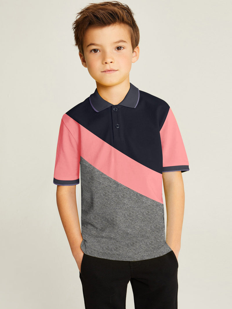 Champion Single Jersey Polo Shirt For Kids-Charcoal Melange with Peach & Navy Panels-BE14550