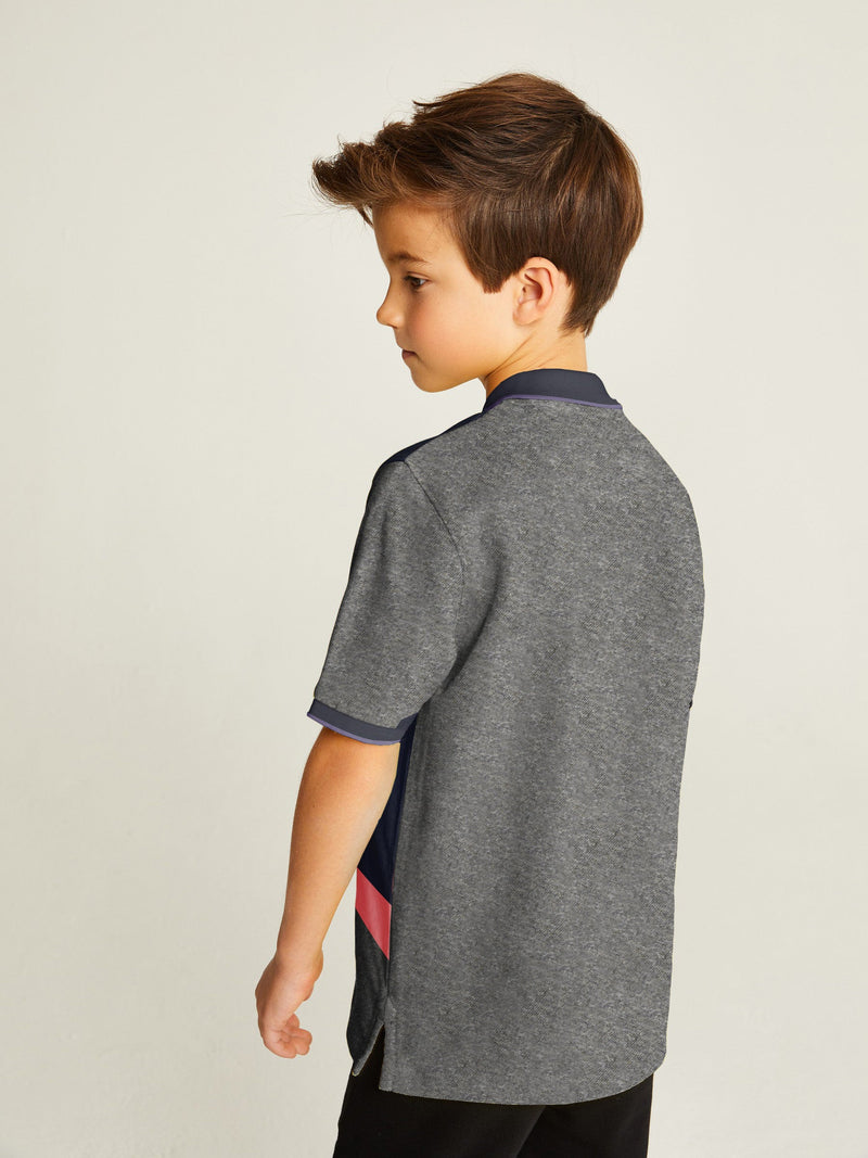 Champion Single Jersey Polo Shirt For Kids-Charcoal Melange with Peach & Navy Panels-BE14550