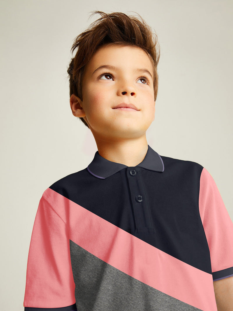 Champion Single Jersey Polo Shirt For Kids-Charcoal Melange with Peach & Navy Panels-BE14550