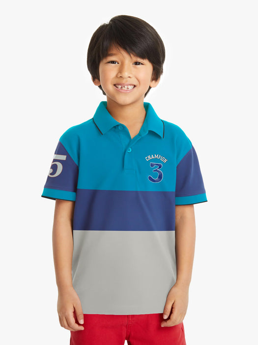 Champion Single Jersey Polo Shirt For Kids-Cyan & Blue with Slate Grey Panels-BE14411