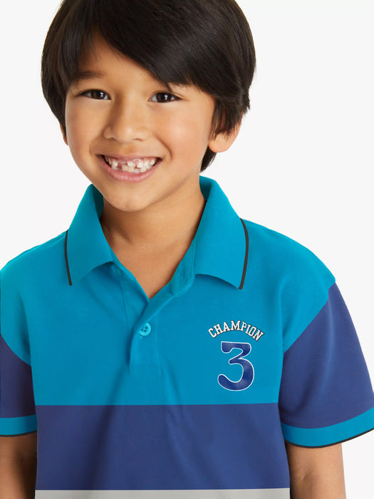 Champion Single Jersey Polo Shirt For Kids-Cyan & Blue with Slate Grey Panels-BE14411