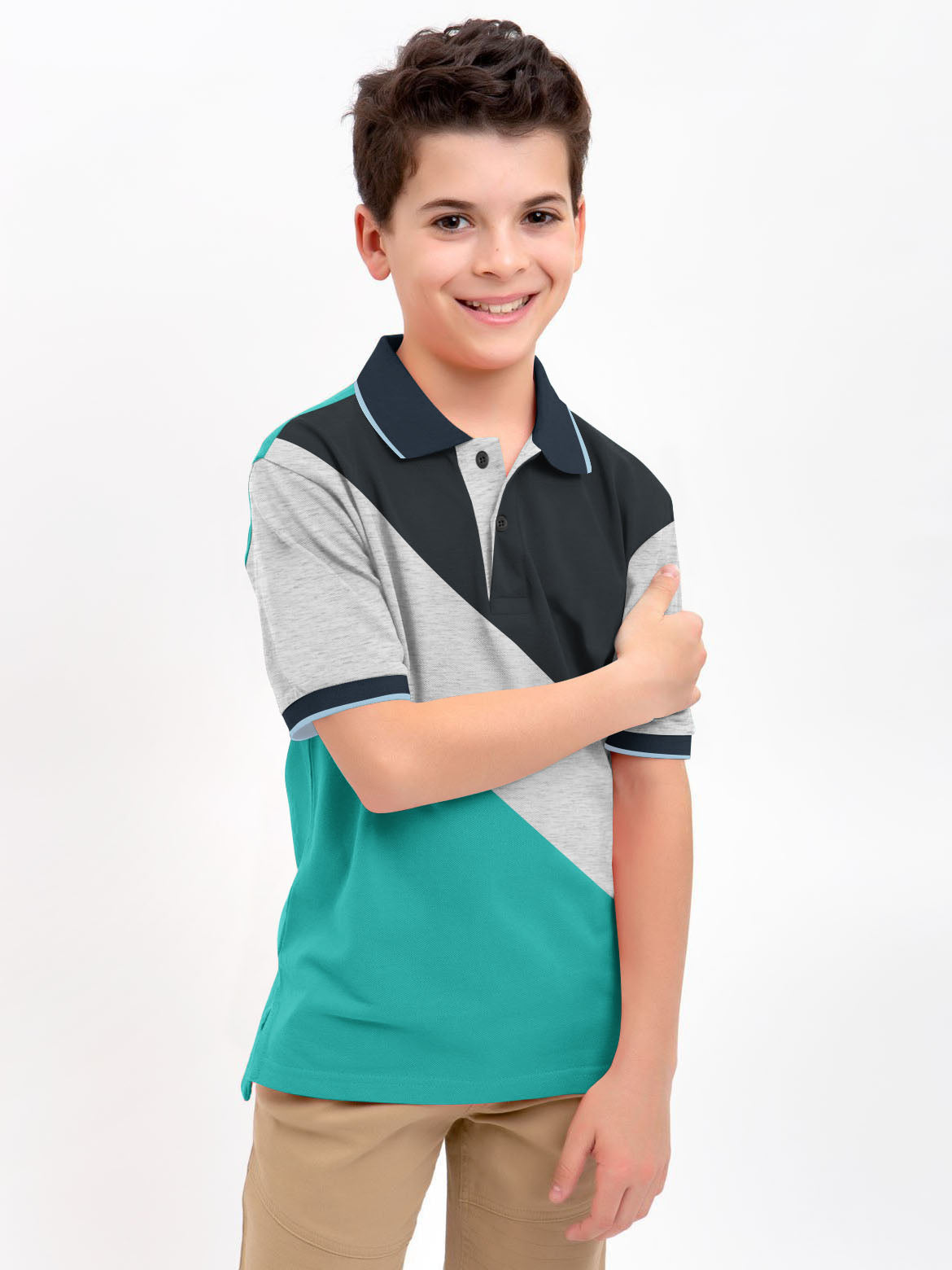 Champion Single Jersey Polo Shirt For Kids-Cyan Green with Grey Melange & Navy Panels-BE14478