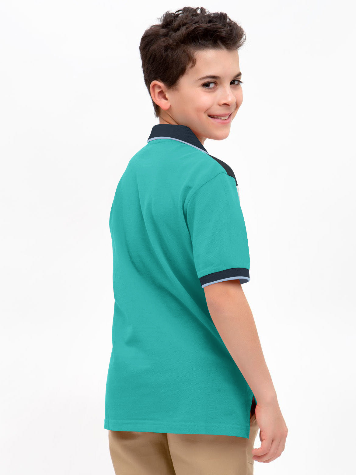 Champion Single Jersey Polo Shirt For Kids-Cyan Green with Grey Melange & Navy Panels-BE14478