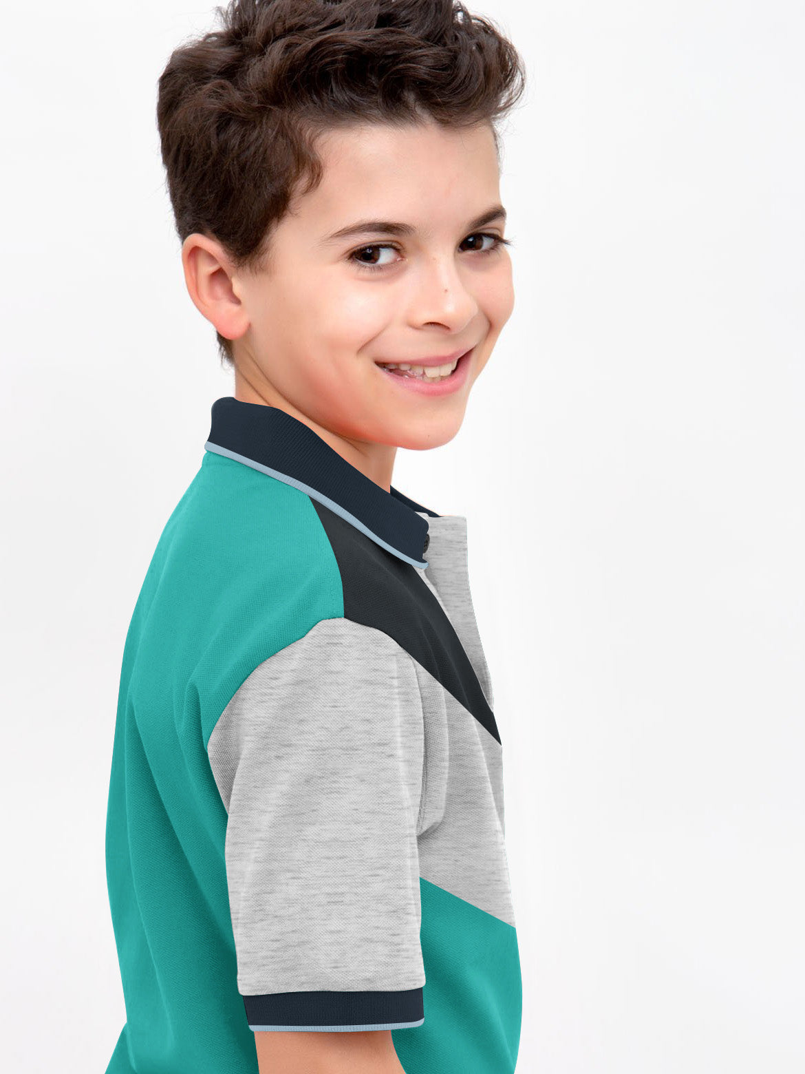 Champion Single Jersey Polo Shirt For Kids-Cyan Green with Grey Melange & Navy Panels-BE14478