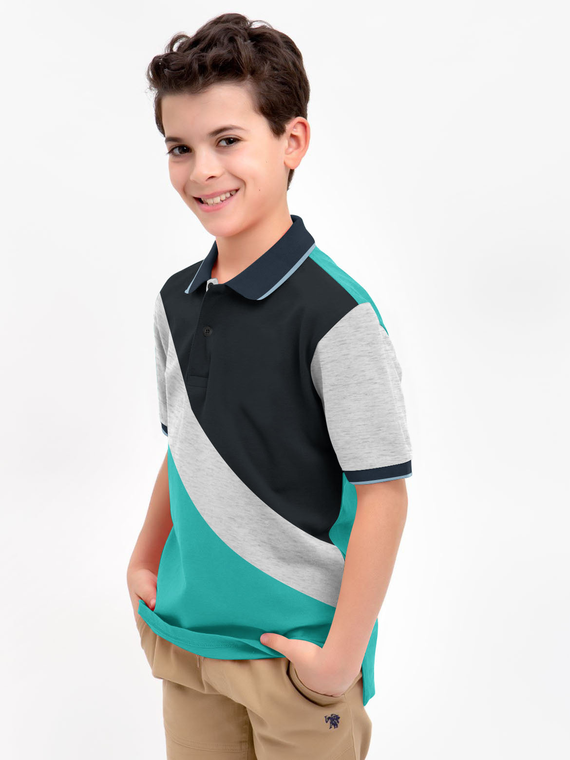Champion Single Jersey Polo Shirt For Kids-Cyan Green with Grey Melange & Navy Panels-BE14478