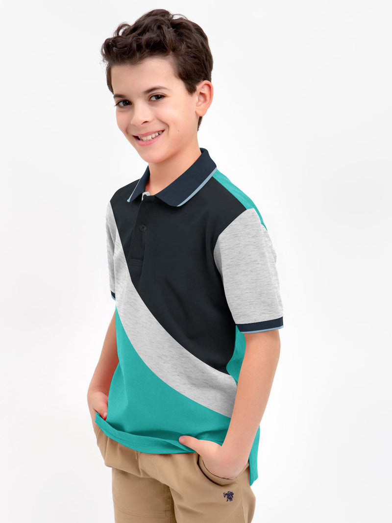 Champion Single Jersey Polo Shirt For Kids-Cyan Green with Grey Melange & Navy Panels-BE14478