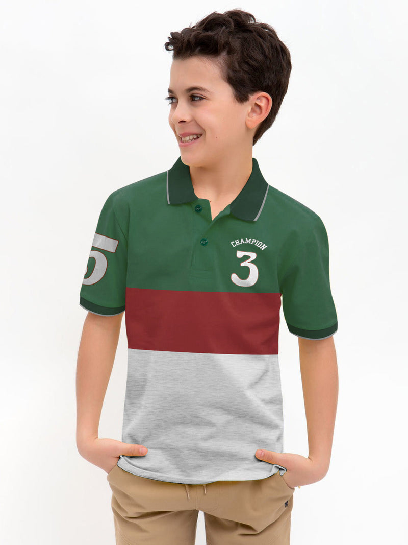 Champion Single Jersey Polo Shirt For Kids-Dark Green with Red & Grey Melange Panels-BE14433