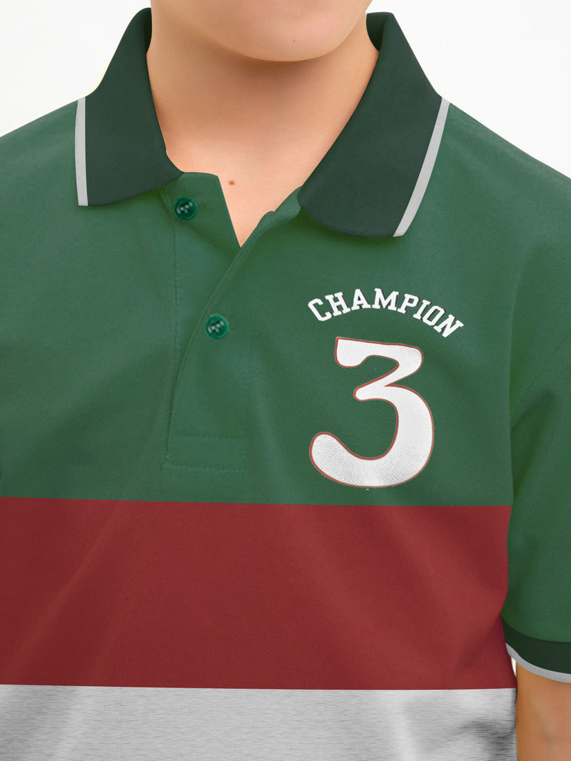 Champion Single Jersey Polo Shirt For Kids-Dark Green with Red & Grey Melange Panels-BE14433