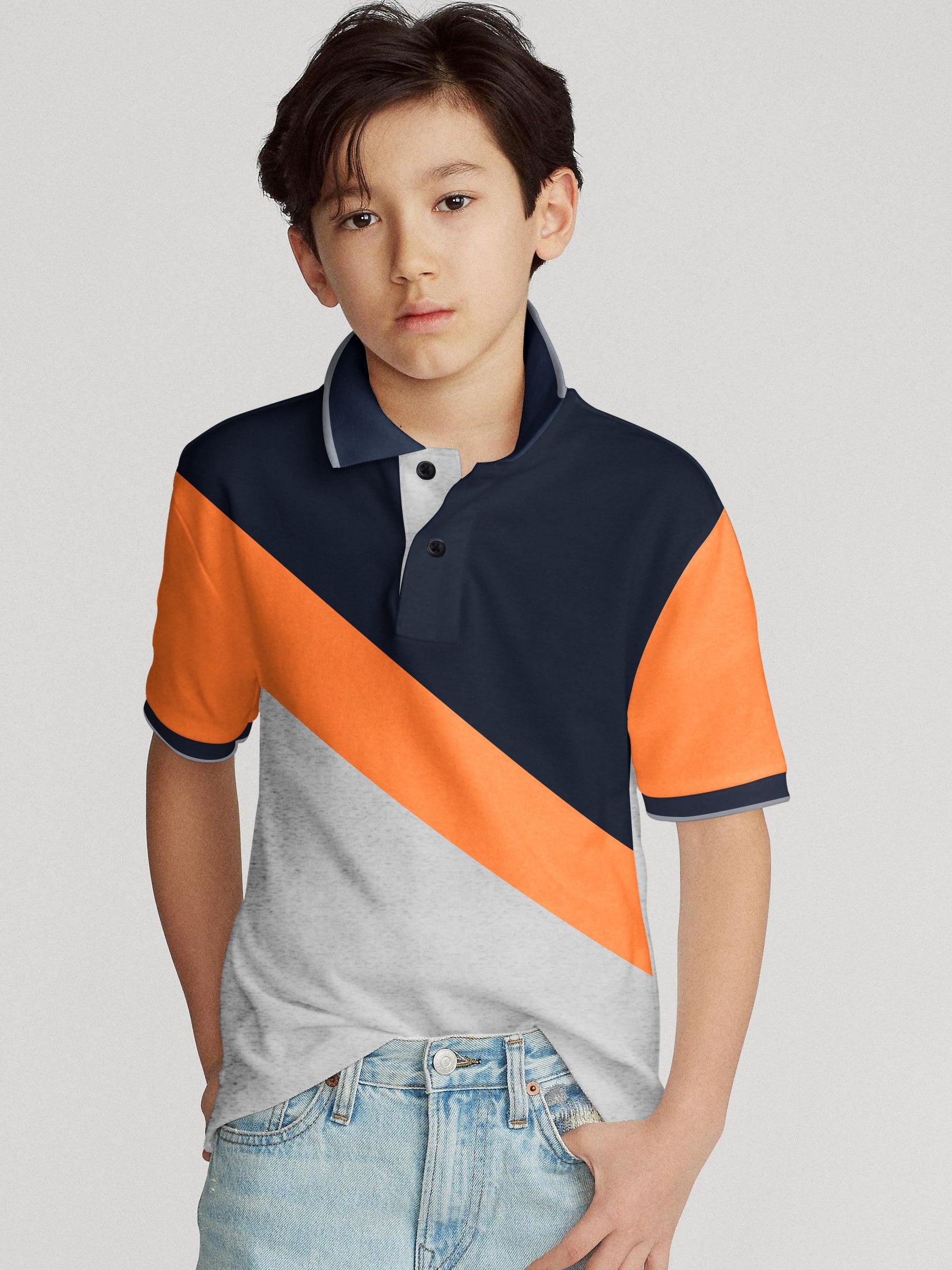 Champion Single Jersey Polo Shirt For Kids-Grey Melange with Orange & Navy Panels-BE14549