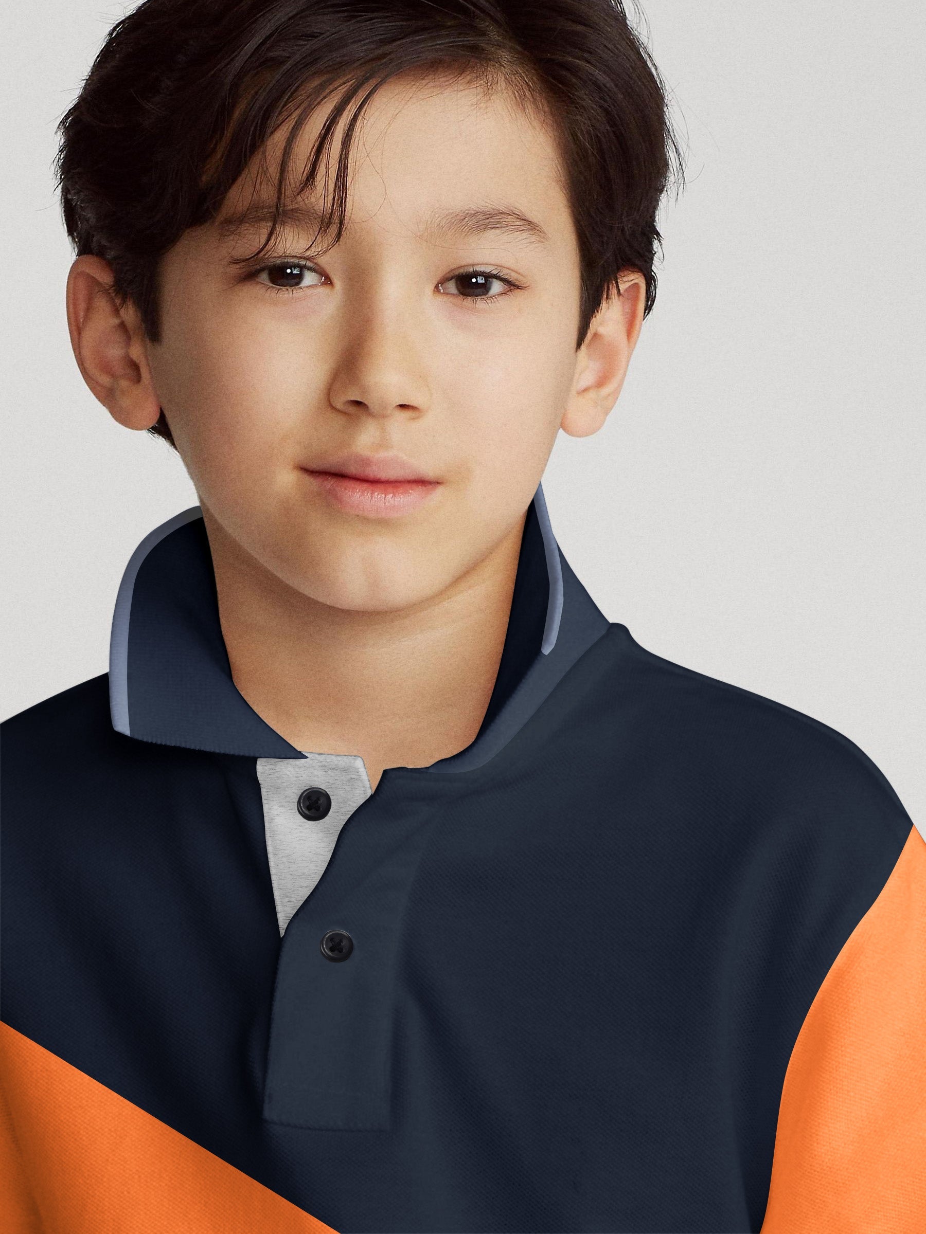 Champion Single Jersey Polo Shirt For Kids-Grey Melange with Orange & Navy Panels-BE14549
