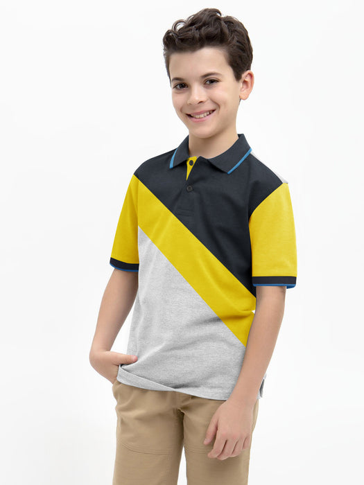 Champion Single Jersey Polo Shirt For Kids-Grey Melange with Yellow & Navy Panels-RT2424