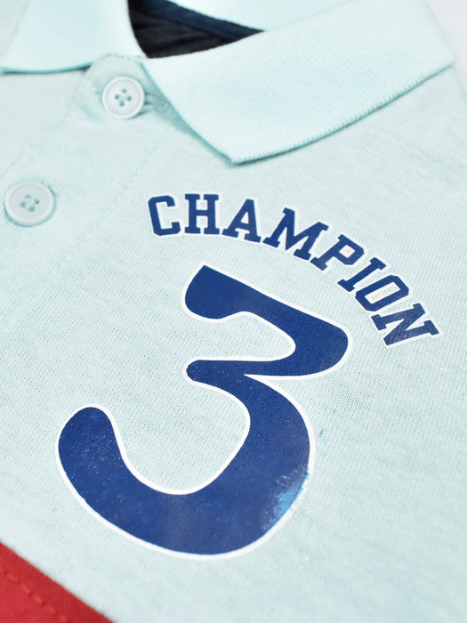 Champion Single Jersey Polo Shirt For Kids-Light Sea Green & Red with Navy Melange Panels-RT2402