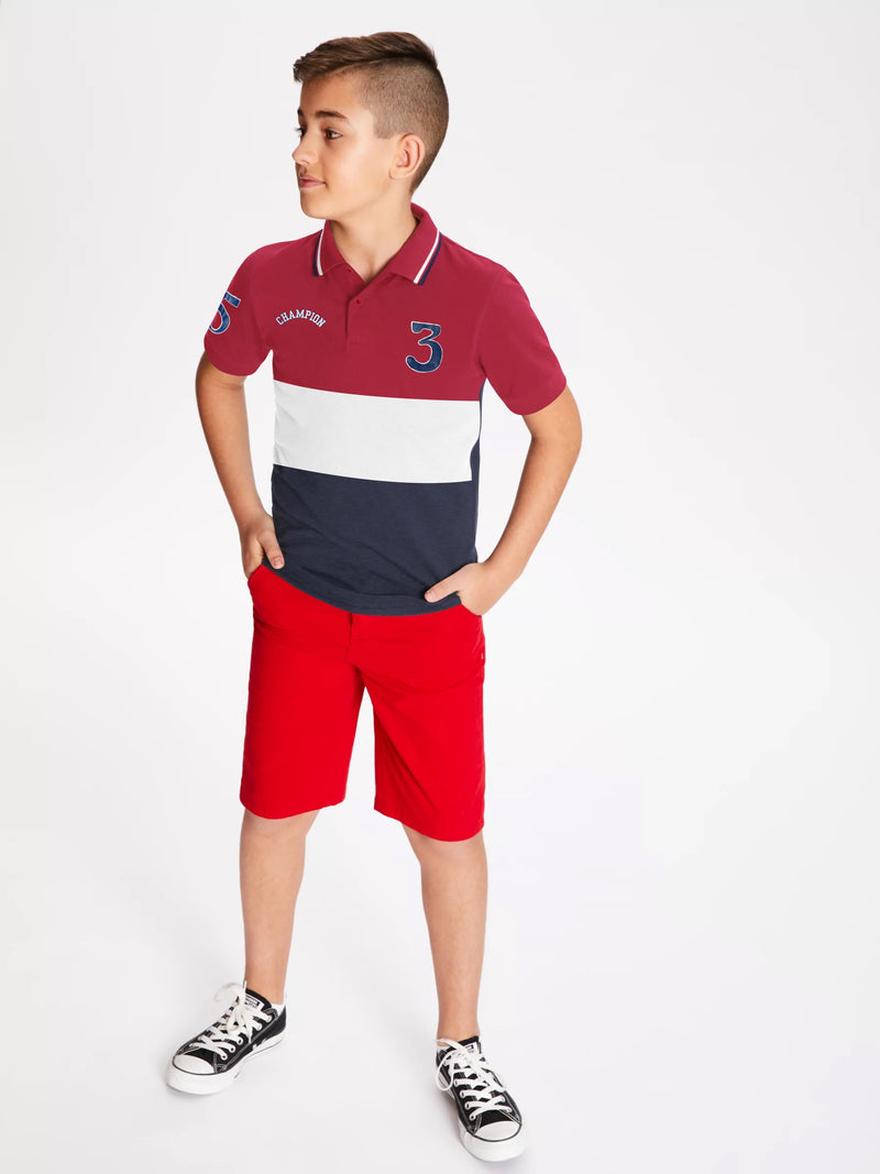 Champion Single Jersey Polo Shirt For Kids-Red & White with Navy Melange Panels-BE14409