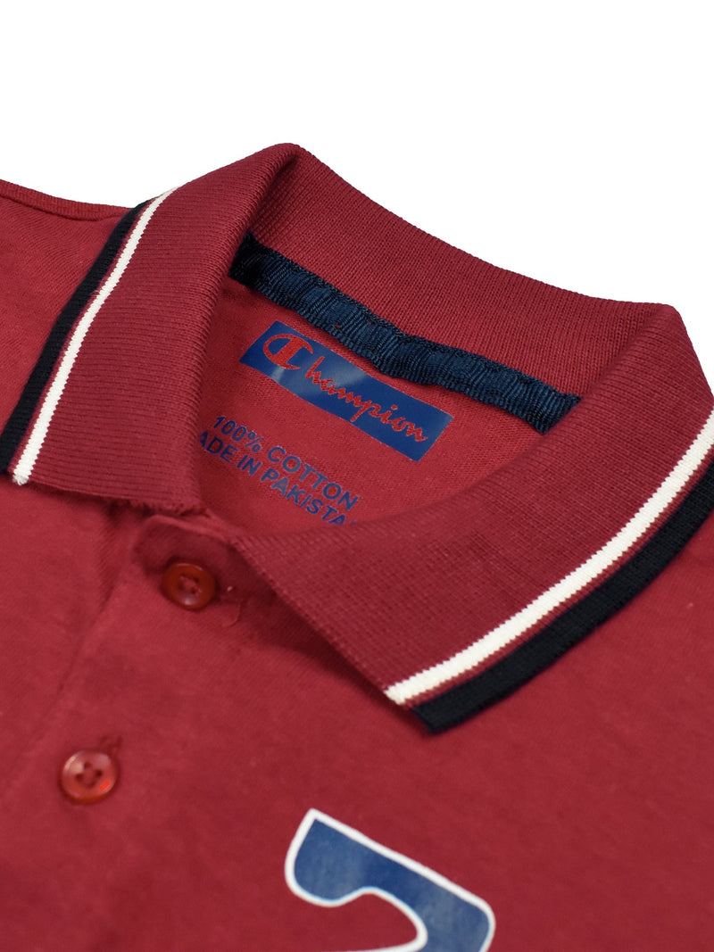 Champion Single Jersey Polo Shirt For Kids-Red & White with Navy Melange Panels-BE14409