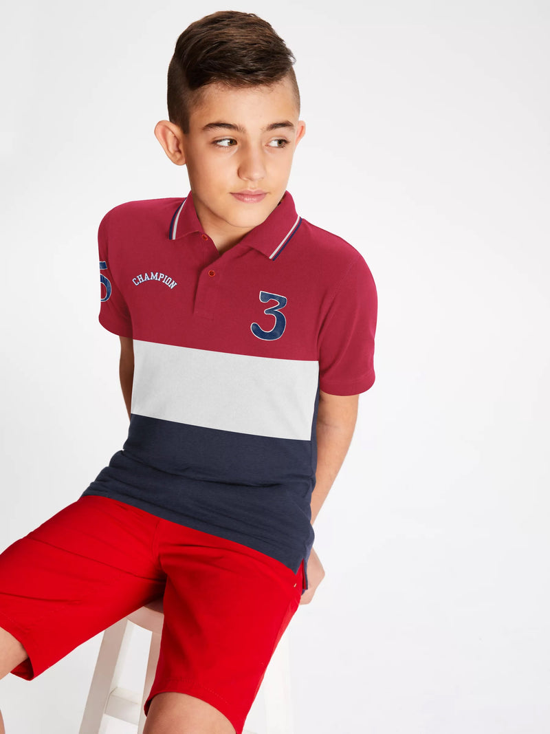Champion Single Jersey Polo Shirt For Kids-Red & White with Navy Melange Panels-BE14409
