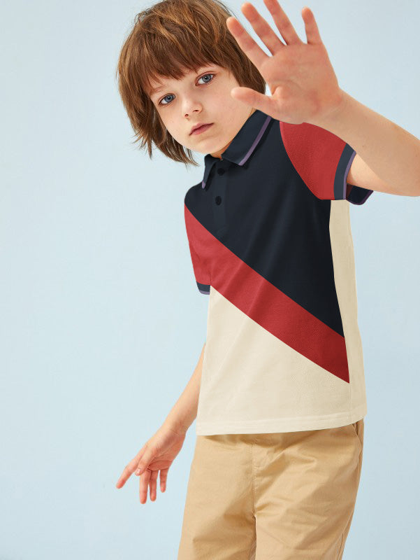 Champion Single Jersey Polo Shirt For Kids-Skin with Red & Navy Panels-BE14600