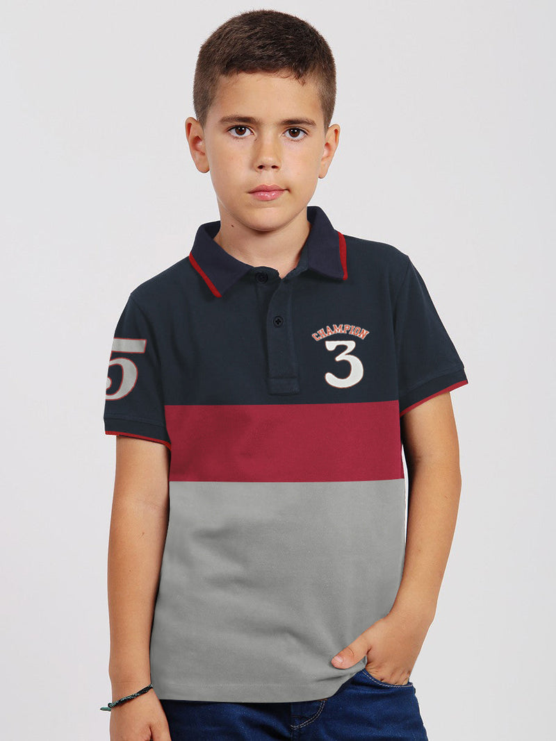 Champion Single Jersey Polo Shirt For Kids-Slate Grey & Red with Navy Panels-BE14412