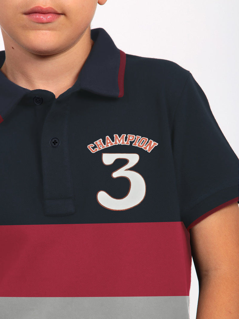 Champion Single Jersey Polo Shirt For Kids-Slate Grey & Red with Navy Panels-BE14412