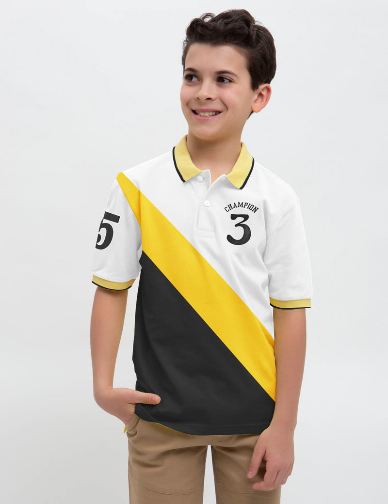 Champion Single Jersey Polo Shirt For Kids-Smoke White with Yellow & Black Panels-BE14434