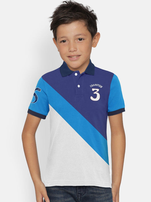 Champion Single Jersey Polo Shirt For Kids-White with Blue & Navy Panels-RT2409