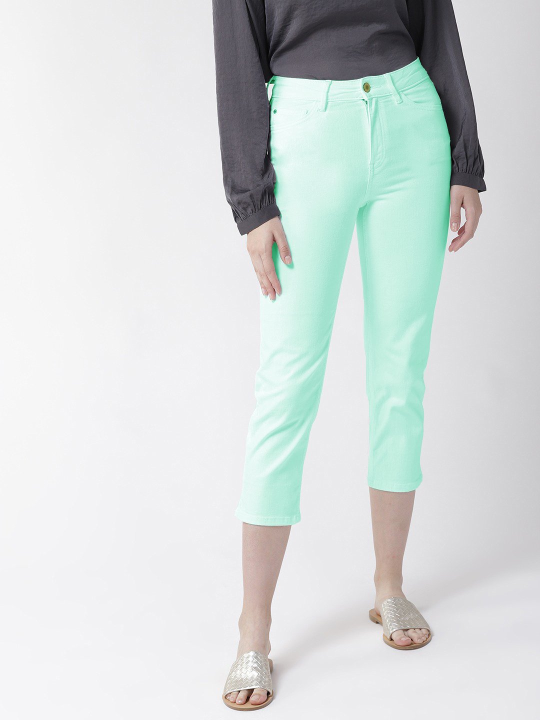Charles Vogele  Slim Fit Capri For Ladies-Cyan Green-F179