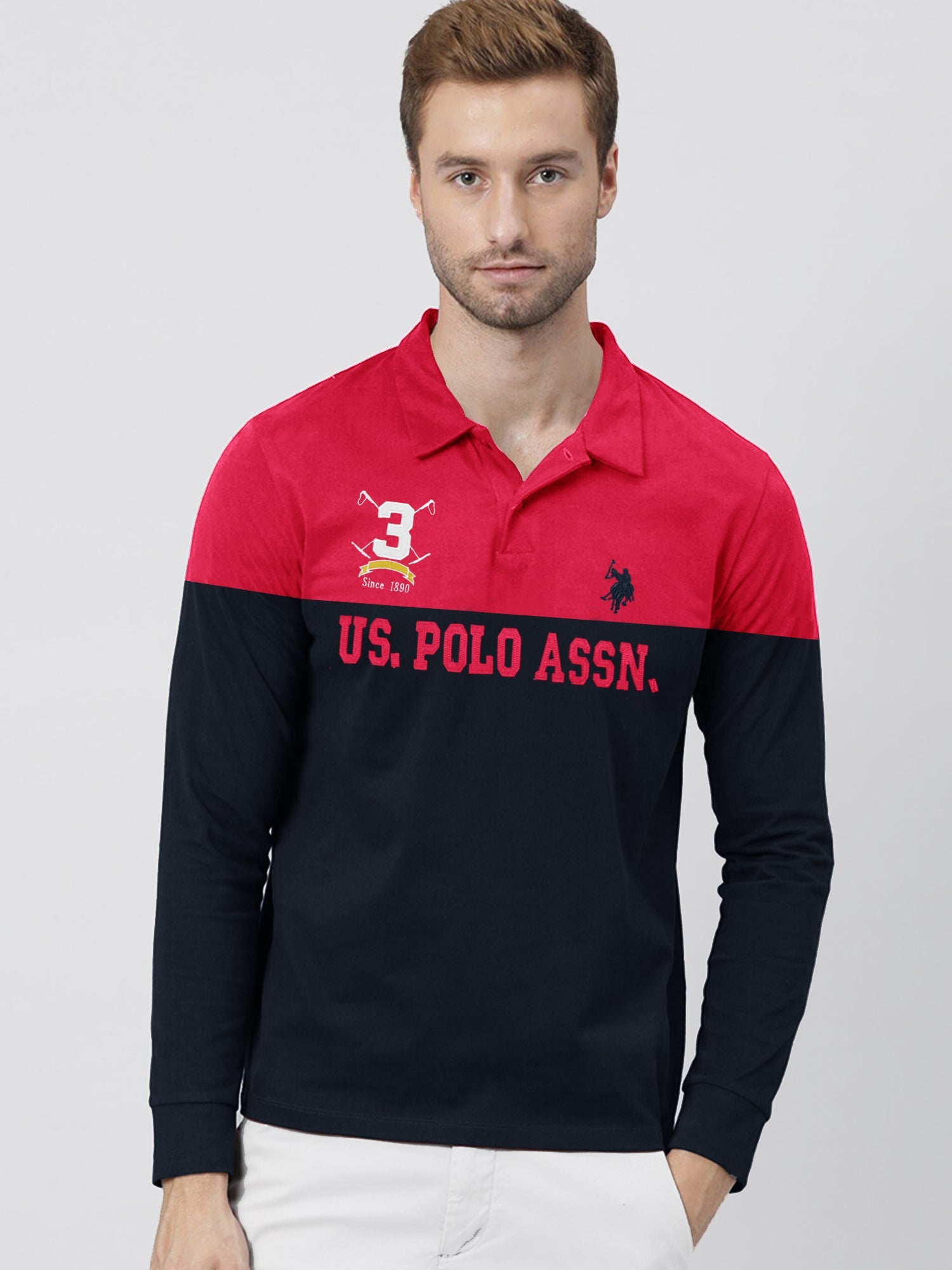 U.S.P.A Long Sleeve Polo Shirt For Men-Dark Red & Navy-SP6448