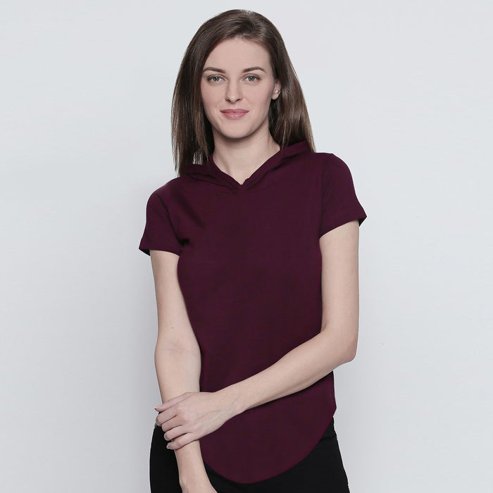 Popular Sports Half Sleeve Viscous  Hooded Tee Shirt For Women-Burgundy-NA11488