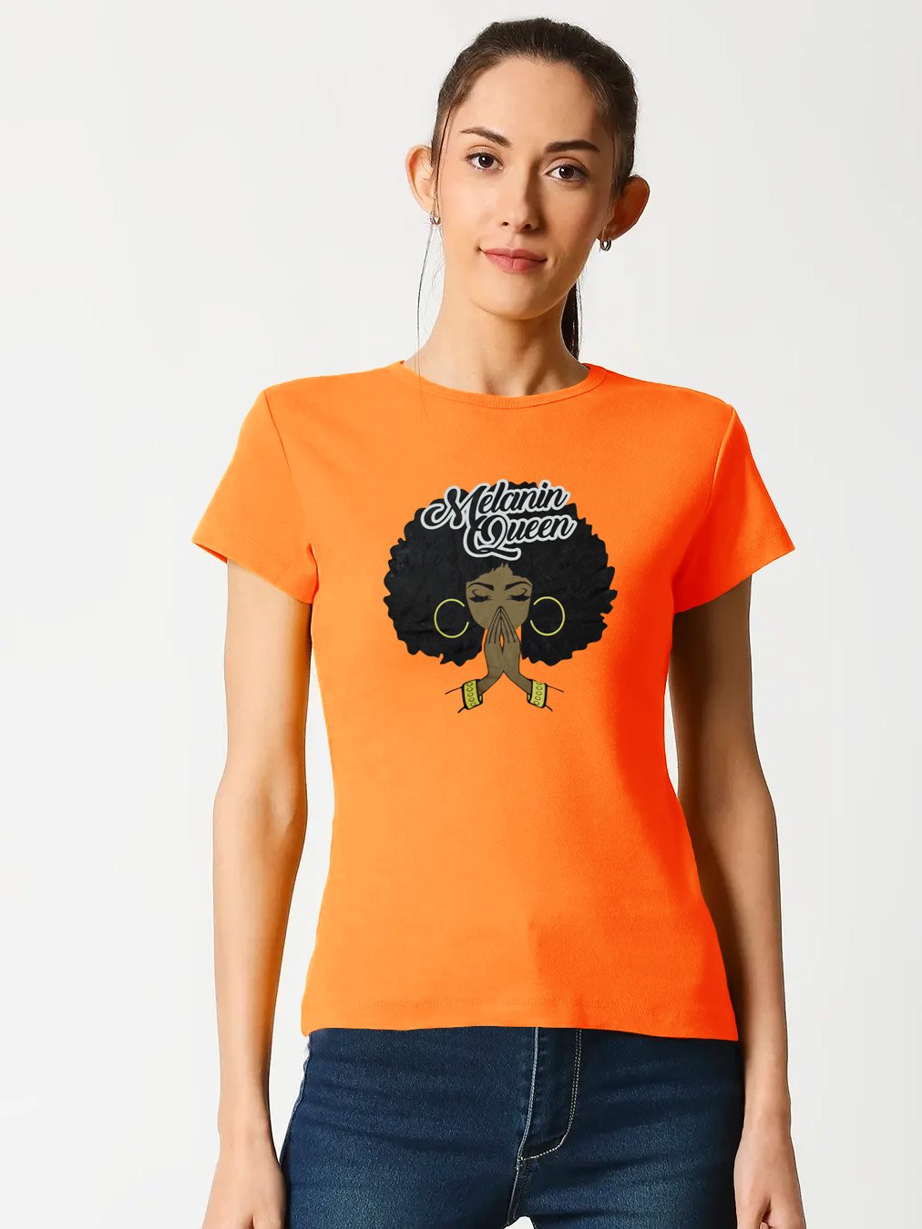 Here Kitty Cap Sleeve Crew Neck Tee Shirt For Ladies-Orange-AN2483