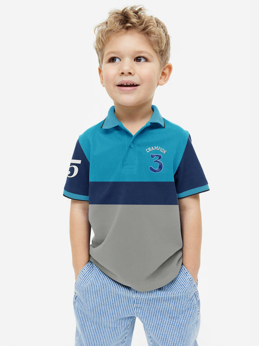 Champion Single Jersey Polo Shirt For Kids-Grey with Dark Blue & Sky Blue-RT2411