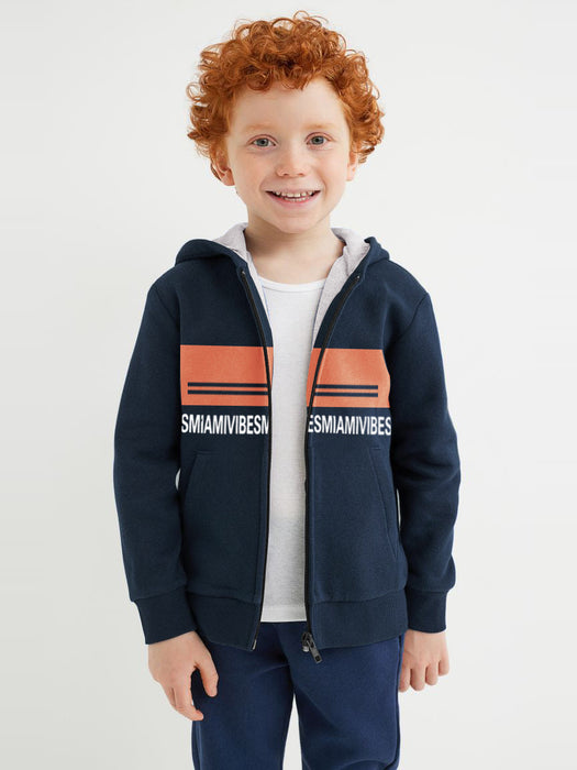 Miami Vibes Stylish Inner Fur Zipper Hoodie For Kids-Navy With Pink Panel-RT2289