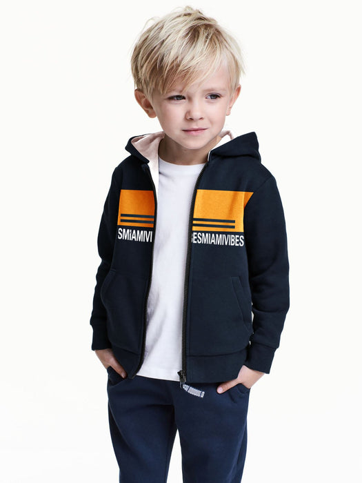 Miami Vibes Stylish Inner Fur Zipper Hoodie For Kids-Navy With Yellow Panel-RT2290