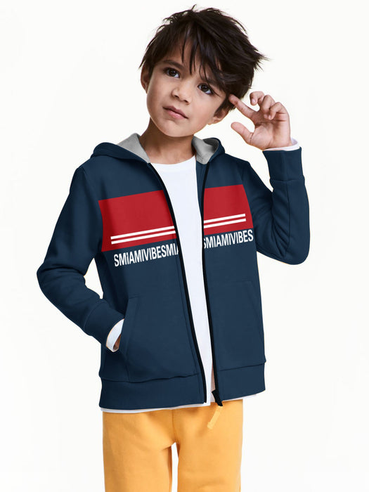 Miami Vibes Stylish Inner Fur Zipper Hoodie For Kids-Navy With Lime Red Panel-RT2293