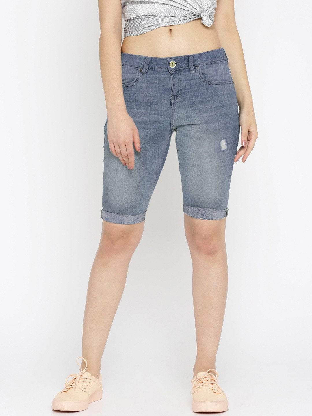 Indigo Denim Short For Ladies-Blue Faded-F237