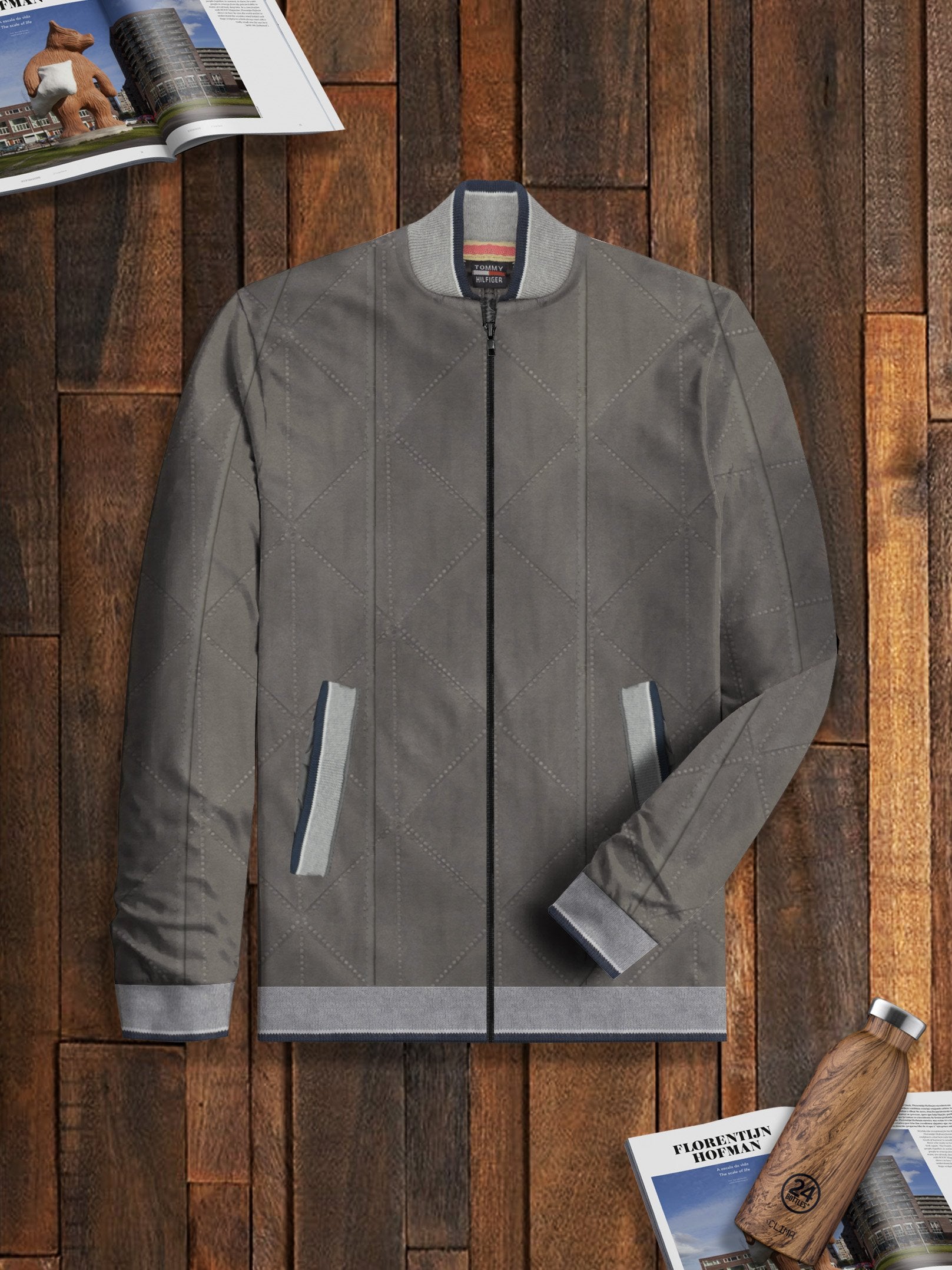 TH Quilted Zipper Baseball Jacket For Kids-Dark Grey-BE15225